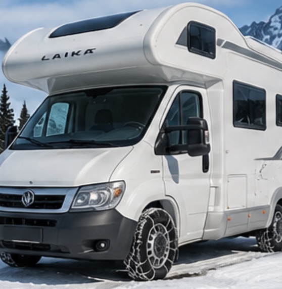 Motorhome preparado para viajar por rutas con nieve